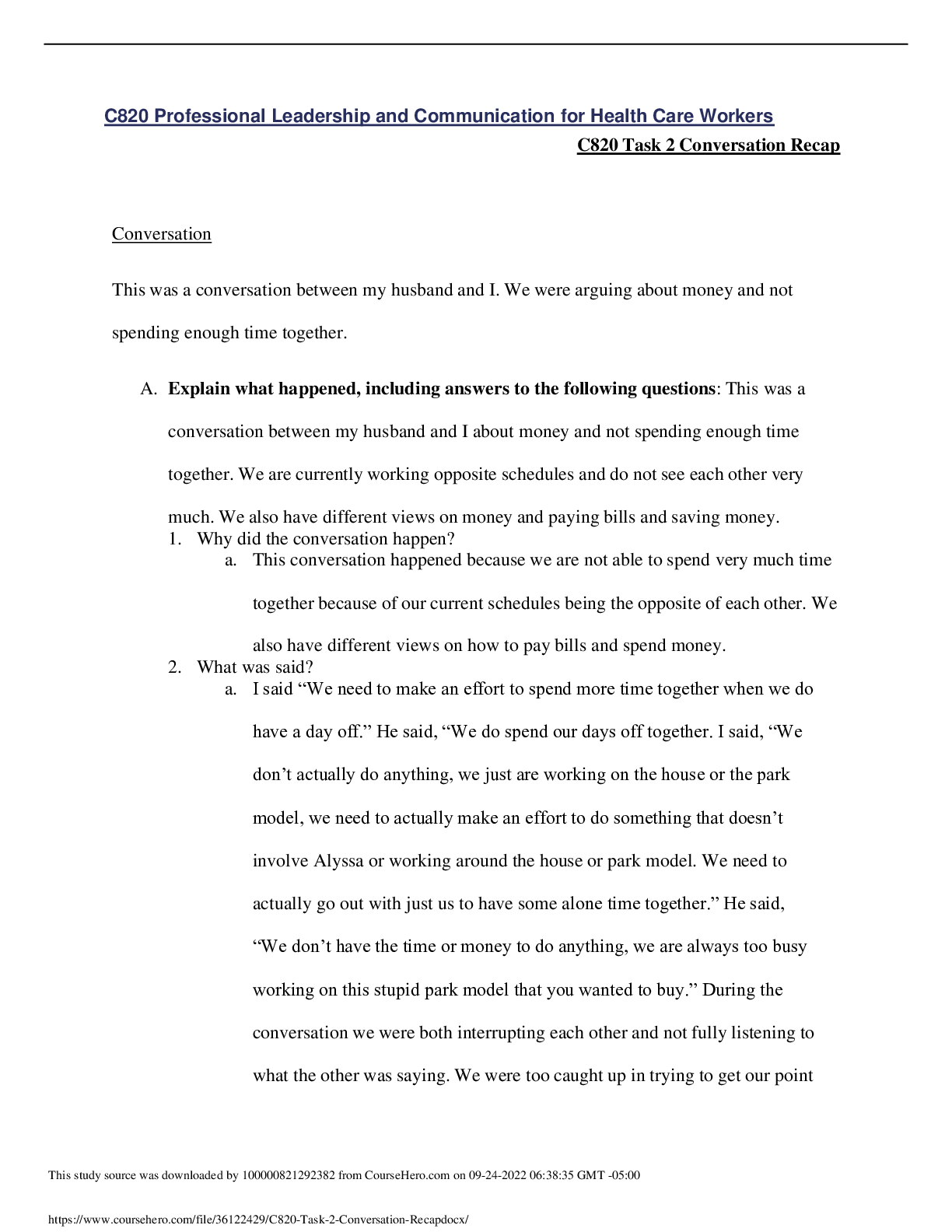 Preview image for |SOLVED|C820 Professional Leadership and Communication for Health Care Workers C820 Task 2 Conversation Recap